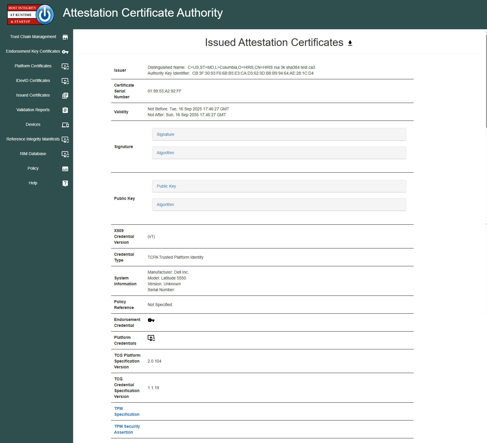 Portal Platform Cert page